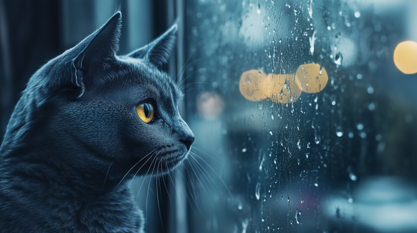 Russian Blue Cat Staring Out of a Rain-Covered Window at Distant City Lights