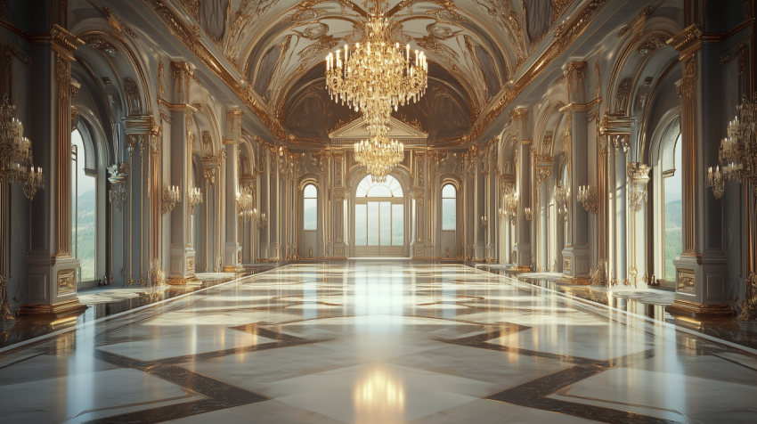 Opulent Baroque Palace Ballroom with Grand Chandeliers and Ornate Gold Detailing