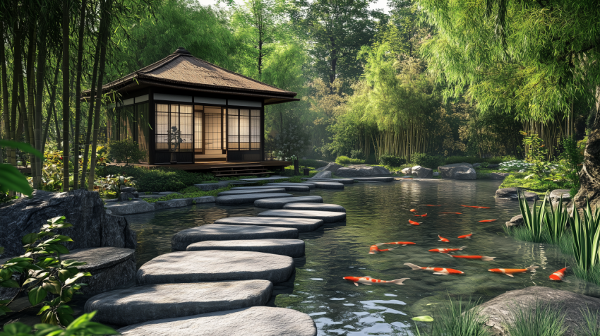 Traditional Japanese Tea House by a Tranquil Koi Pond in a Serene Bamboo Garden