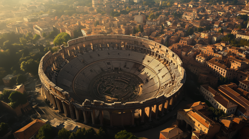 Ancient Roman Amphitheater Amidst a Historic Cityscape at Sunset