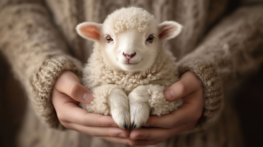 Hands Holding an Adorable Baby Lamb Wrapped in Warm Wool