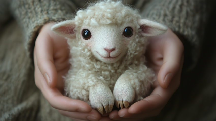 Hands Gently Cradling a Cute Baby Lamb with Soft Curly Wool