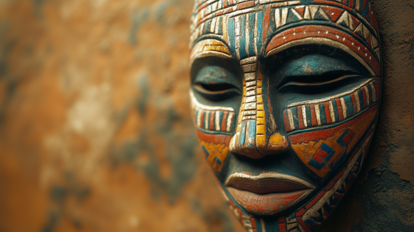 Close-up of a Traditional African Tribal Mask with Intricate Colorful Patterns