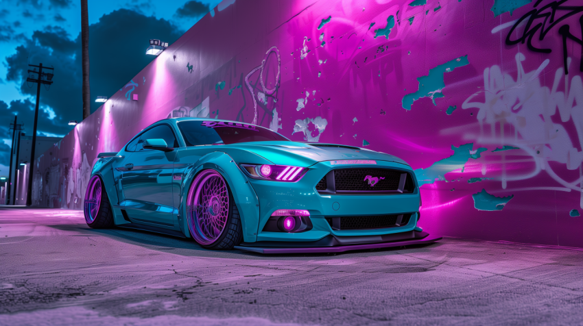 Modified Ford Mustang with Neon Lighting in Urban Alley