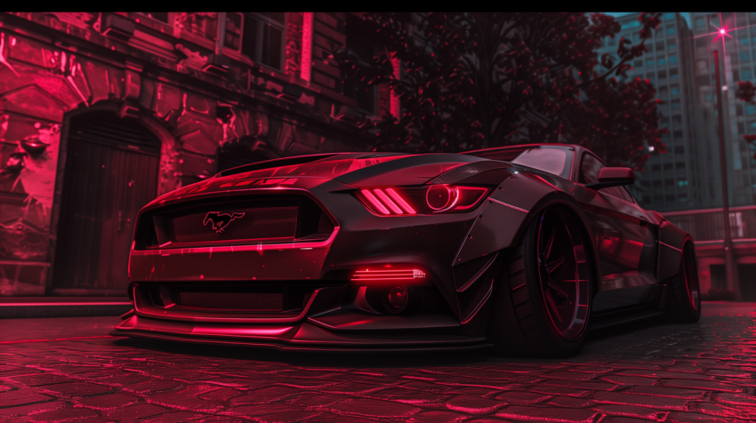 Black Ford Mustang with Red Neon Lights in a Dark Urban Street