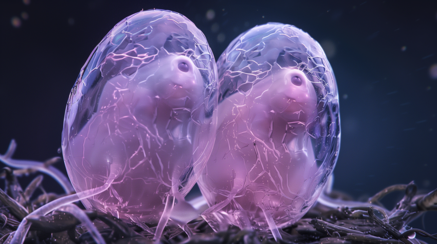 Close-up of Transparent Embryos in Bioluminescent Pods