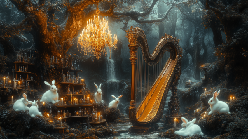 Enchanted Forest with Harp, Chandeliers, and White Rabbits