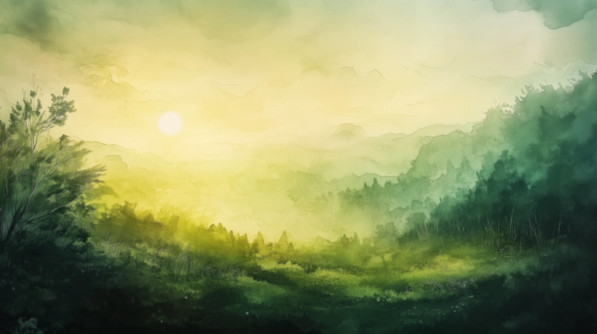 Watercolor Landscape at Sunrise with Green Hills and Forest