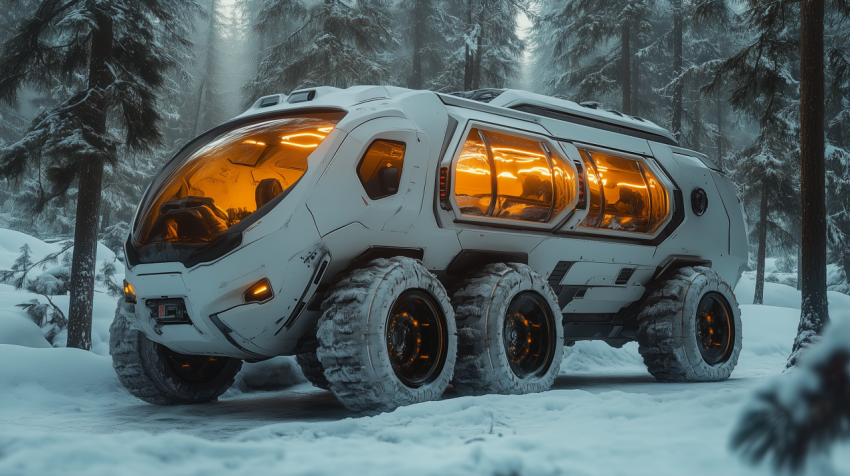 Futuristic All-Terrain Vehicle in a Snowy Forest