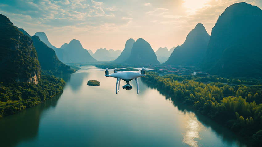 White Drone Flying Over a Serene River with Majestic Limestone Mountains at Sunset