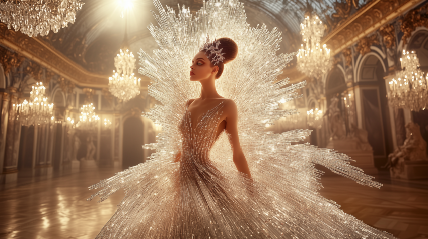 White Dress Radiating Light in a Grand Ballroom with Crystal Chandeliers