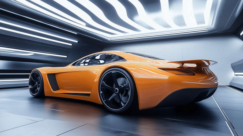 Modern Orange Sports Car in Futuristic Garage