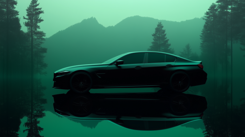 Black Luxury Car Silhouette in Forest Reflection