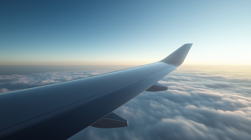 Airplane Wing View Above Clouds at Sunrise