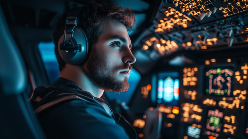 Pilot in Airplane Cockpit at Night