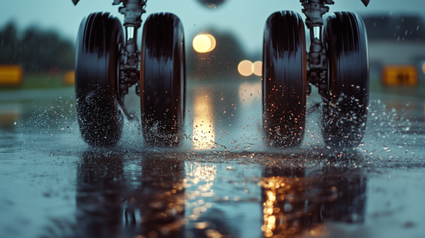 Close-Up of Airplane Landing Gear on Wet Runway