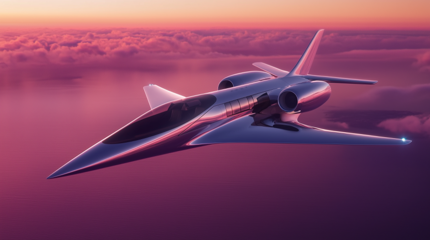 Futuristic Private Jet Flying at Sunset