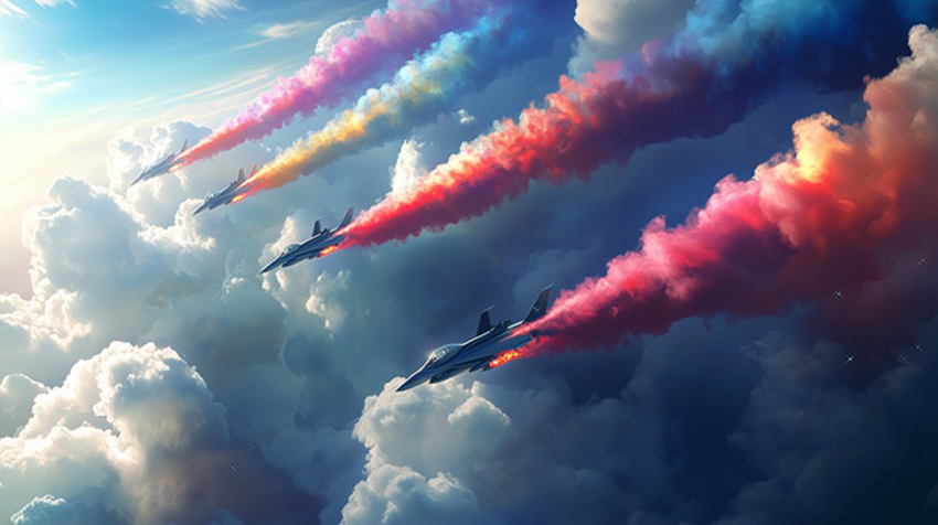 Colorful Military Jet Formation in Clouds