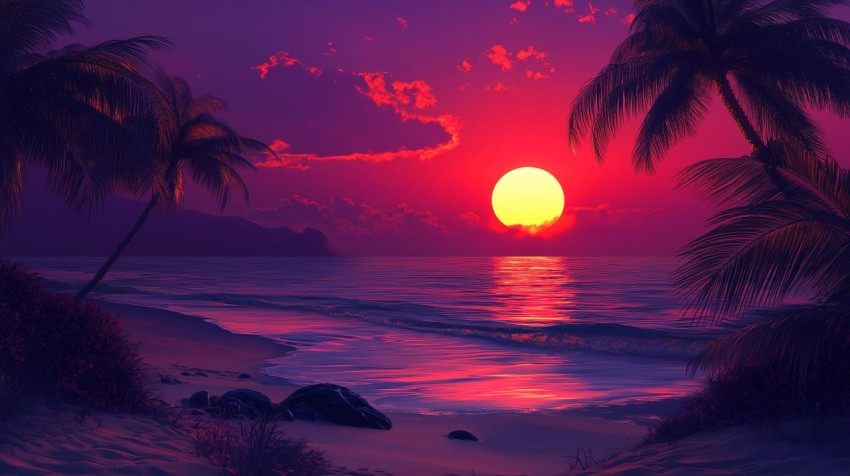 Tropical Sunset with Fiery Sky and Palms