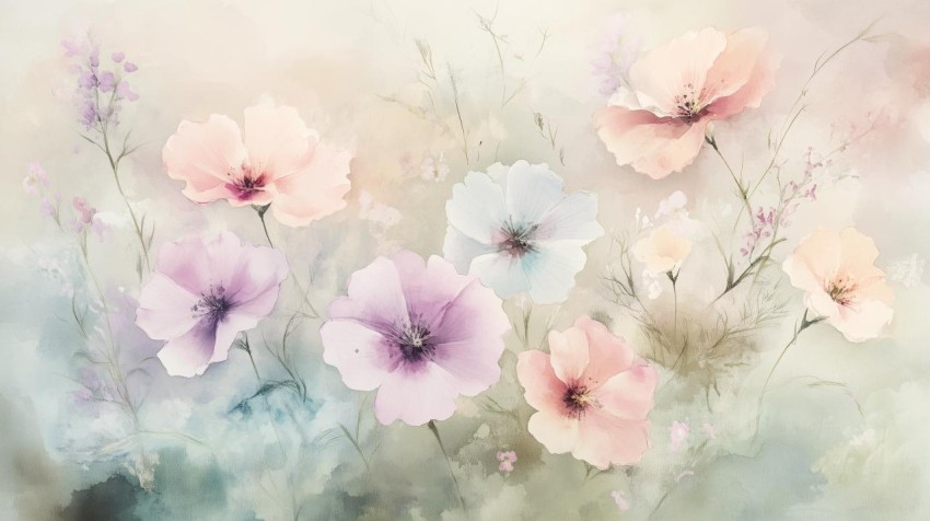 Pastel Watercolor Wildflowers in Soft Shades