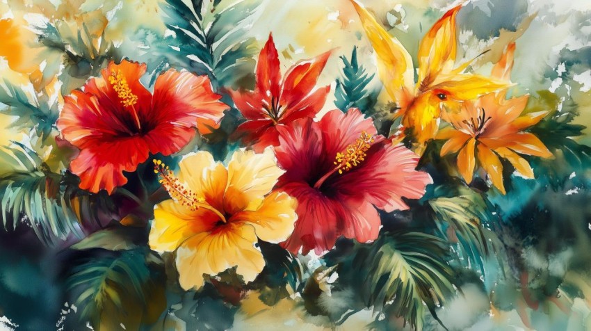 Vibrant Tropical Flowers in Bold Watercolor