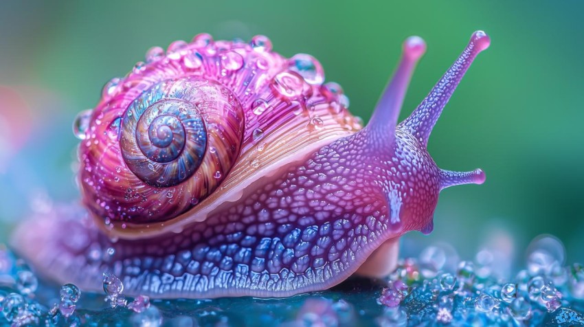 Cute Purple-Pink Snail on Green to Blue Background