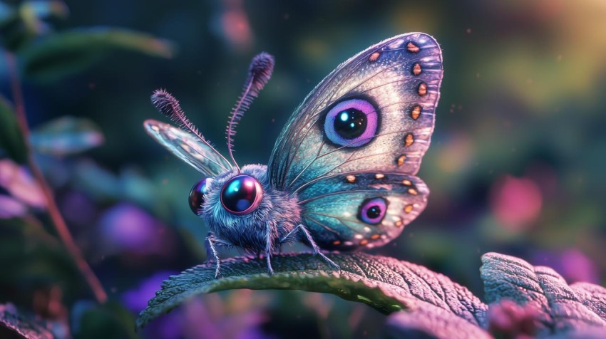 Silver-Blue Butterfly on Violet to Green Background