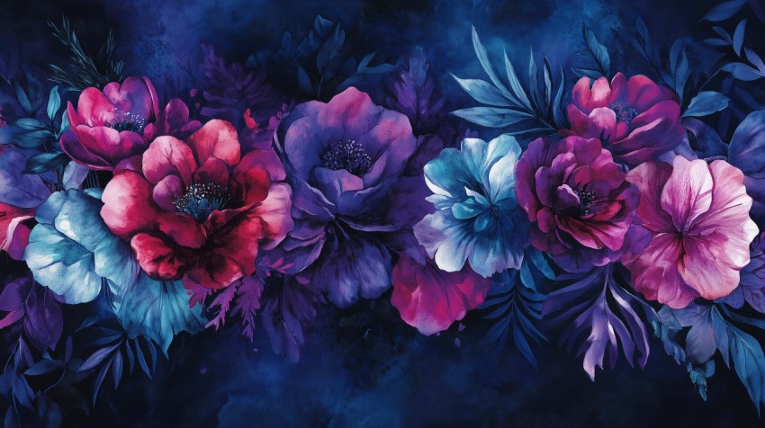 Exotic Flowers on Deep Navy Watercolor Background