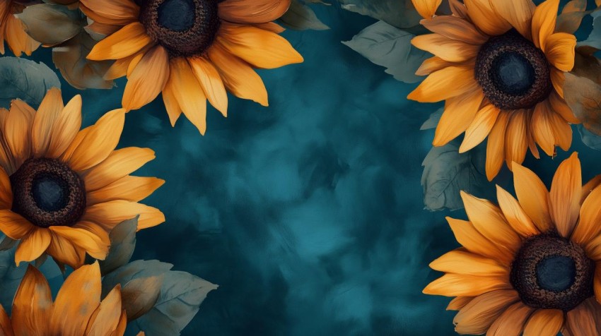 Sunflower Blooms on Rich Teal Background