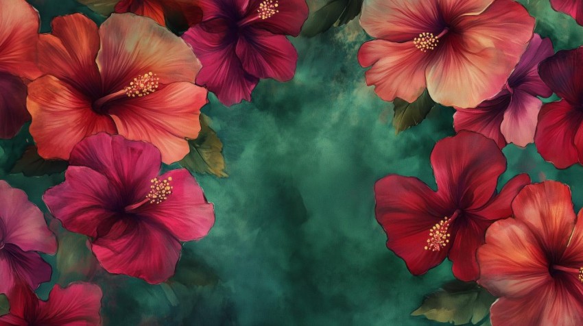 Vivid Hibiscus Flowers on Emerald Green Background