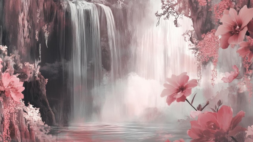 Surreal Waterfall with Floating Flowers