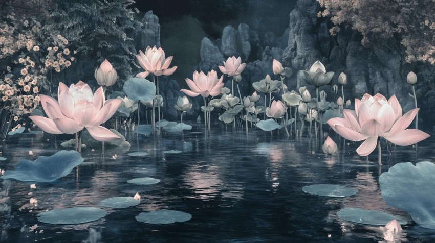 Fantastical Garden with Oversized Lotus Flowers