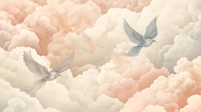 Mythical Birds Flying Through Fluffy Clouds