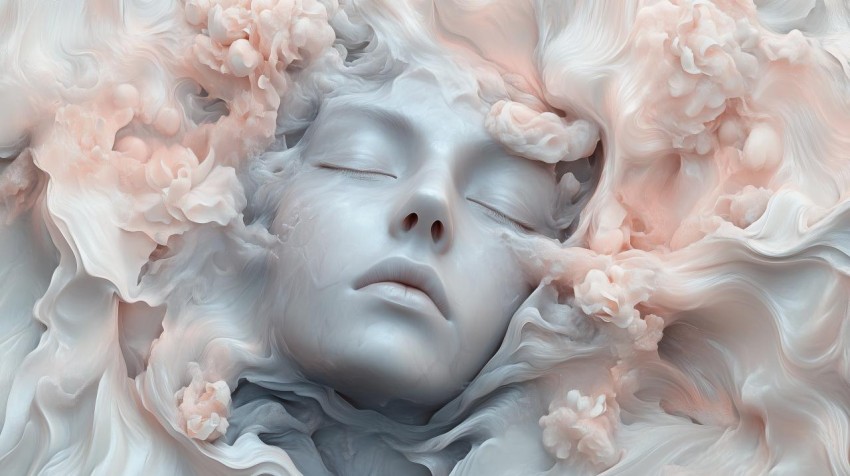 Surreal Portrait with Dreamlike Flowers and Waves