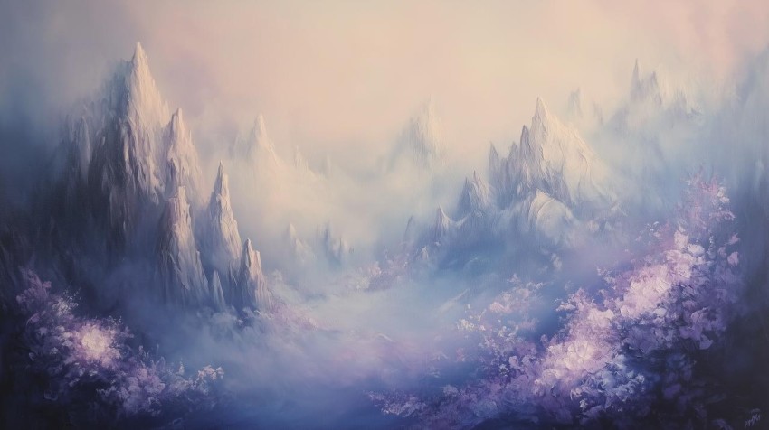 Dreamlike Mountain Range with Ethereal Flowers