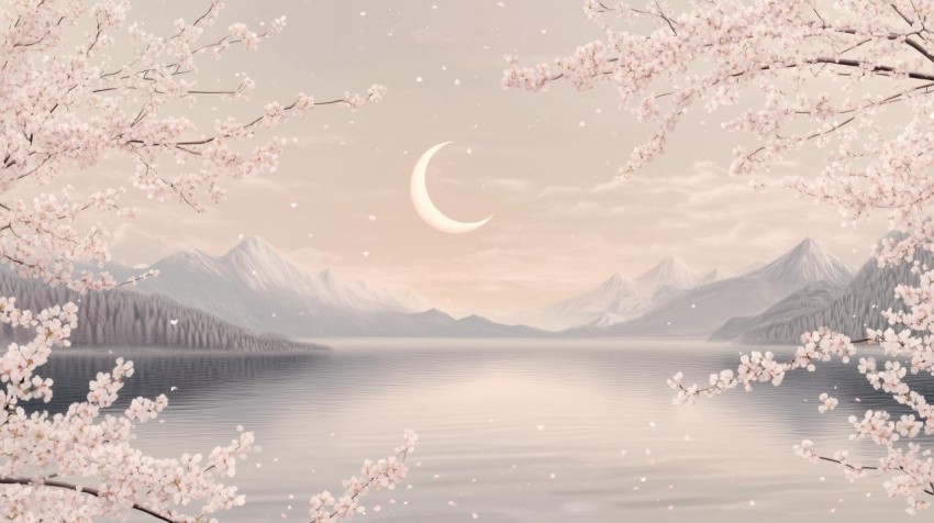 Crescent Moon and Cherry Blossoms Over Lake