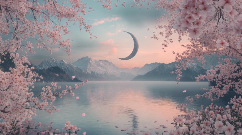 Moonlit Cherry Blossoms Over a Quiet Lake