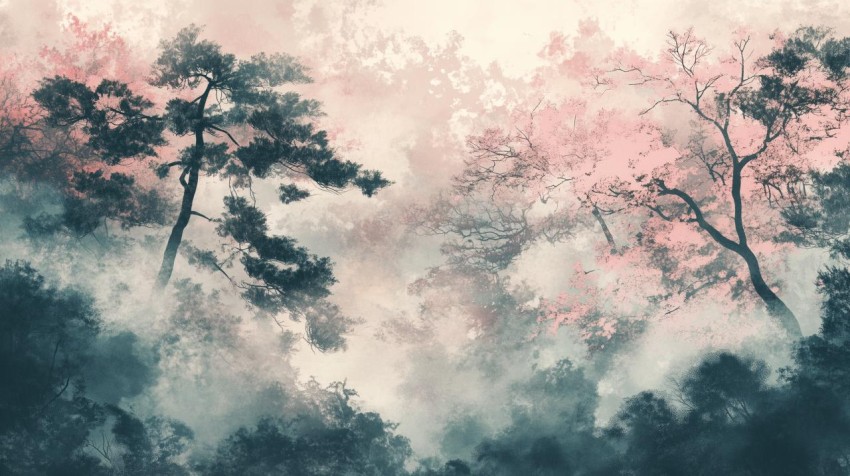 Ethereal Forest with Flowing Trees and Fog