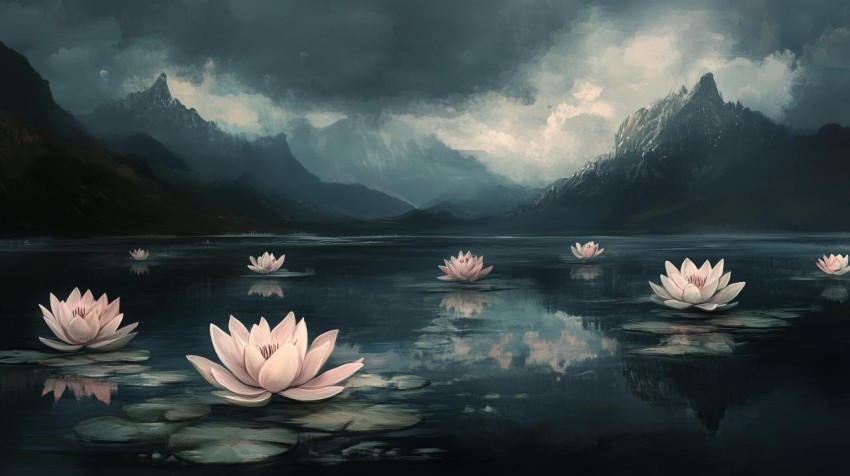 Stylized Water Lilies on Serene Lakeside