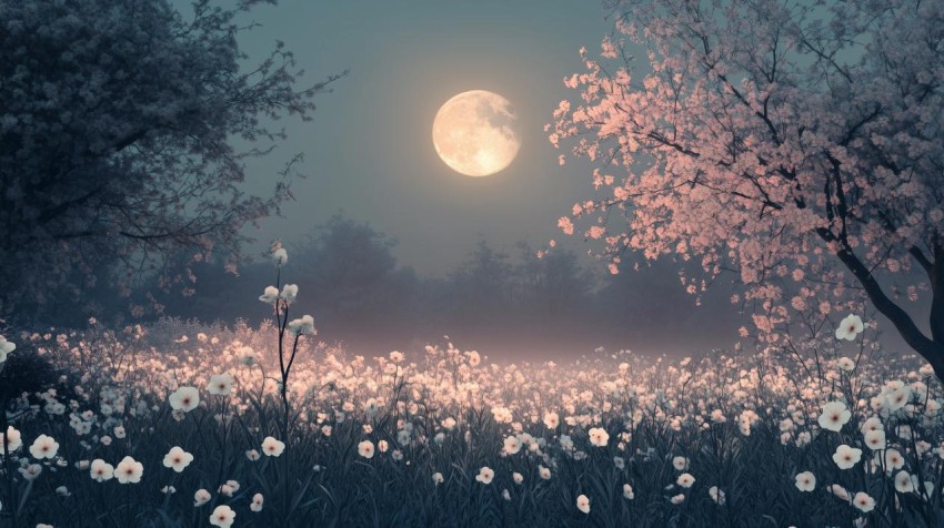 Ethereal Moonlit Landscape with Surreal Flowers