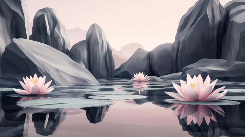 Tranquil Pond with Glowing Pastel Lilies