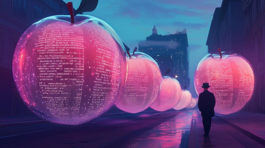 Surreal Urban Scene with Floating Transparent Apples