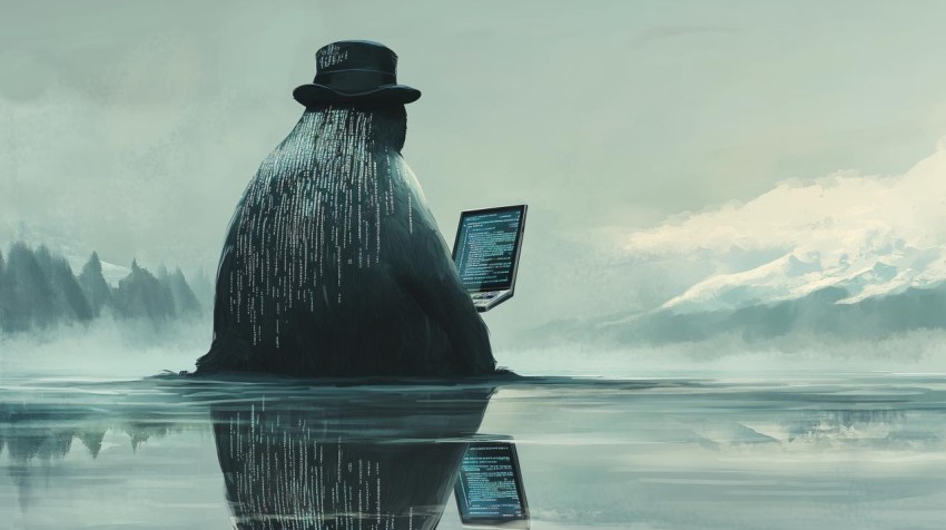 Magritte-Inspired Coastline with Oversized Penguin