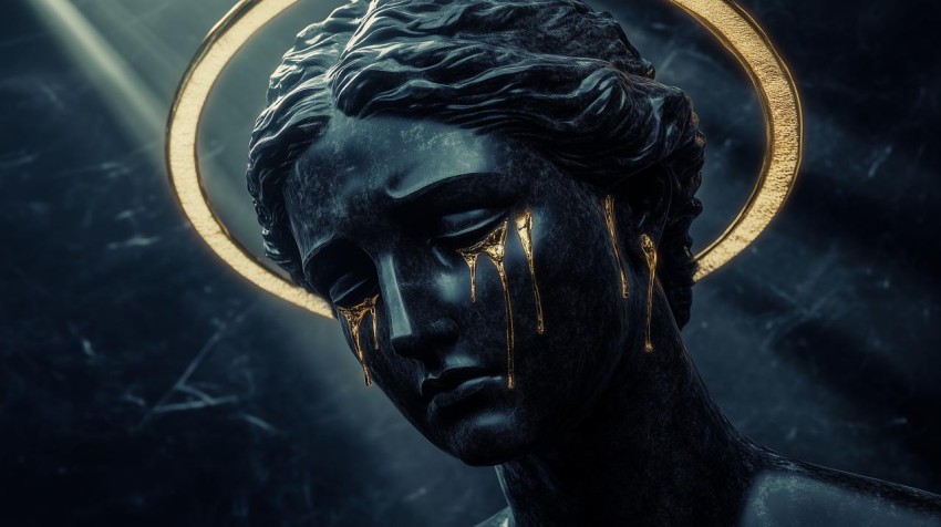 Somber Roman Statue with Golden Tears