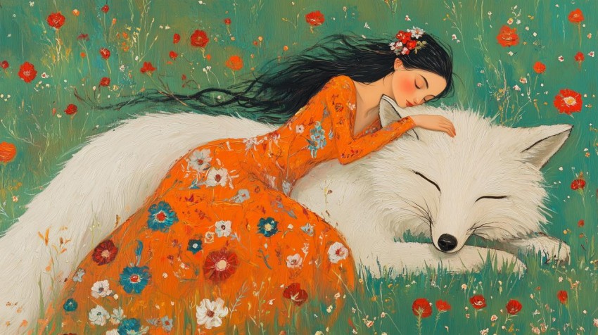 Tender Woman Leaning on Floral Fox