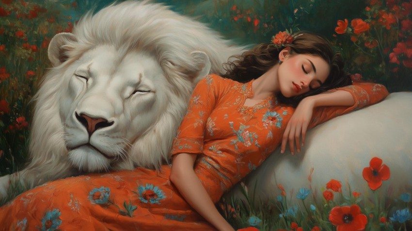 Serene Woman Resting on Floral Lion