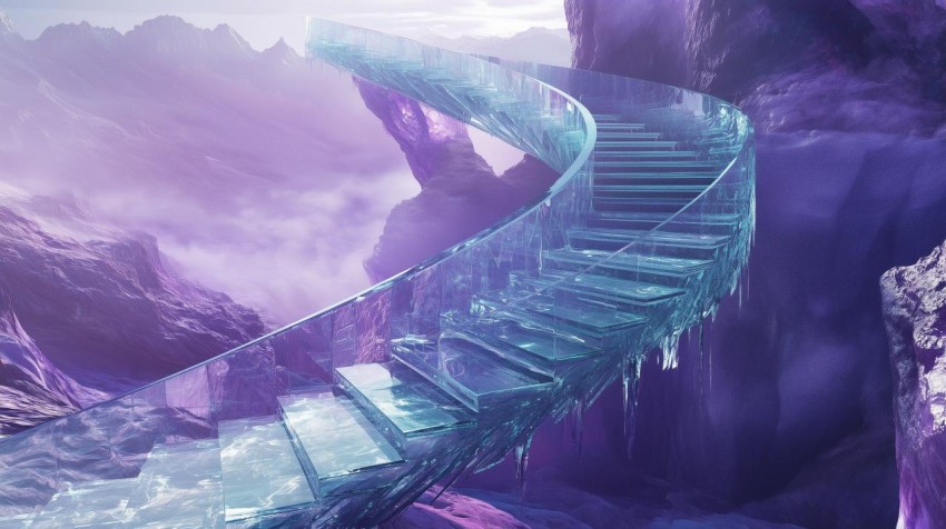 Ethereal Glass Staircase in Foggy Ravine