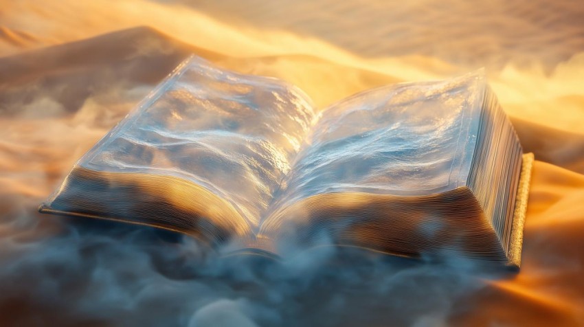 Giant Crystal Book Over Fog-Filled Canyon