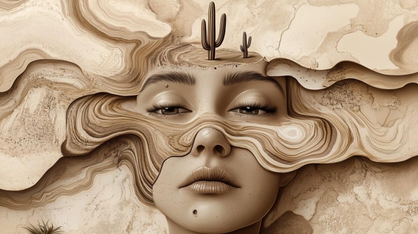 Surreal Portrait with Desert Landscape on Head