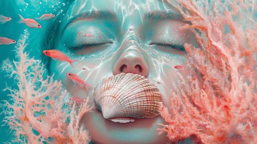 Dreamlike Woman with Seashell and Coral Reef